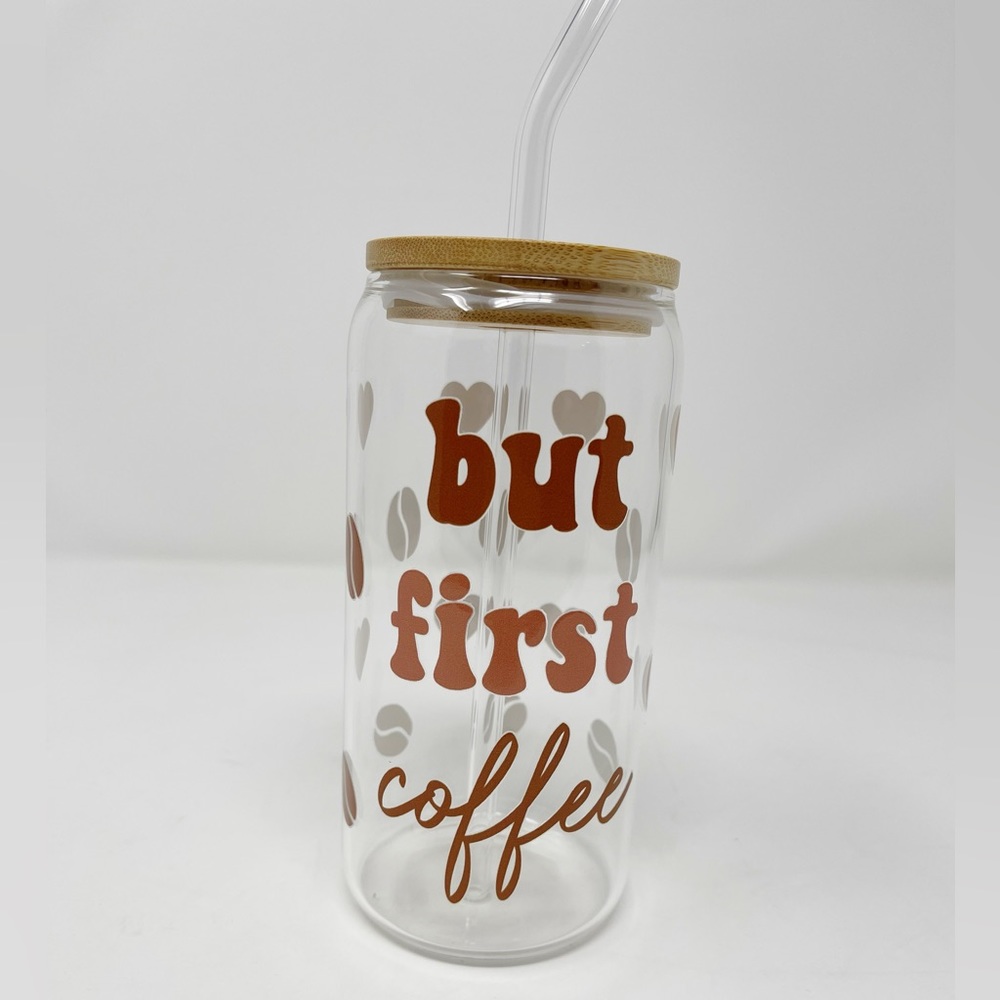 NEW! But first coffee glass beverage container with bamboo lid 16 oz